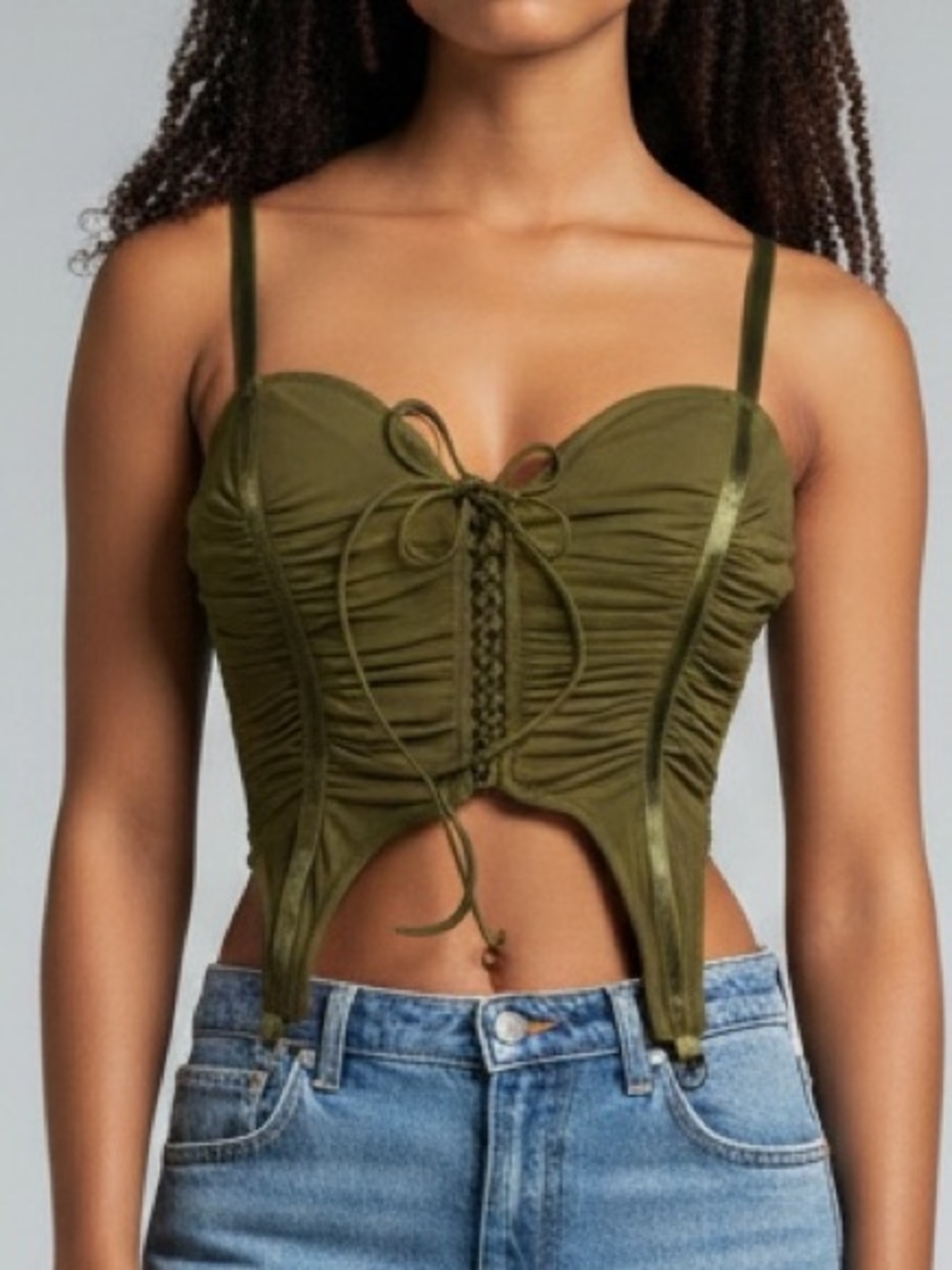 Lace Up Corset Top Olive Green Small Ruched Bustier Y2K Festival JW Signature